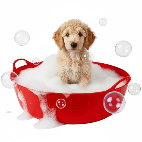 Red dog bath - red, bath,